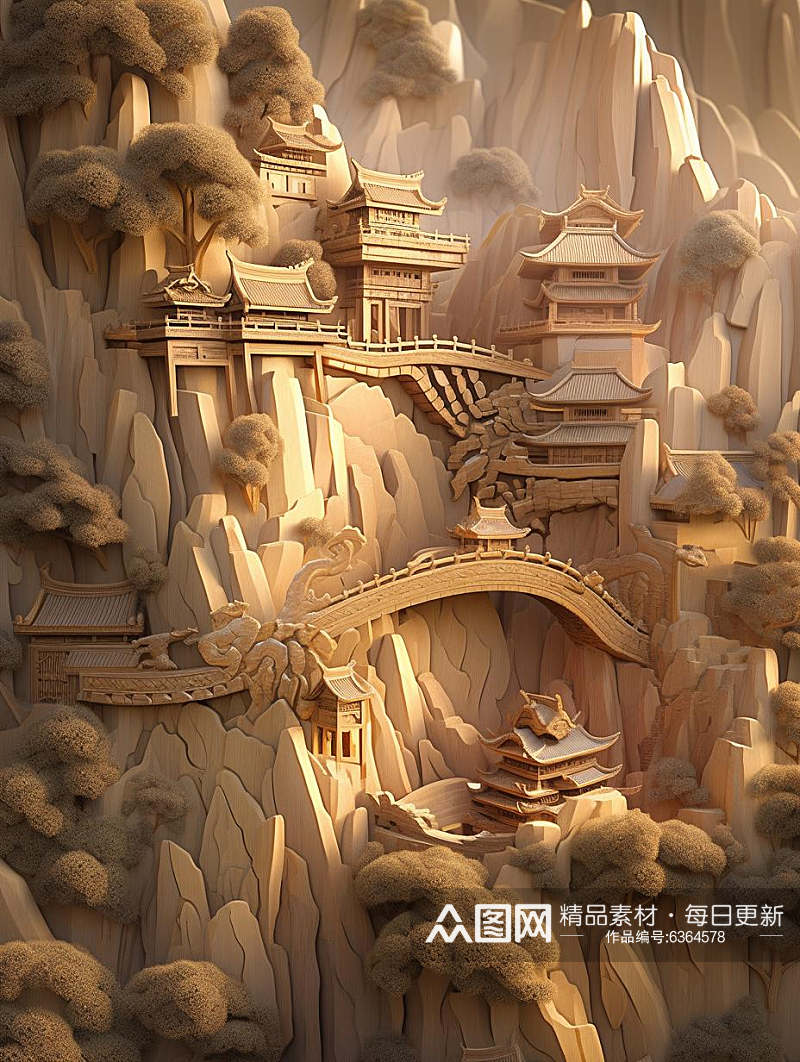 数字艺术木雕黄木雕古建筑古寺庙雕刻浮雕素材