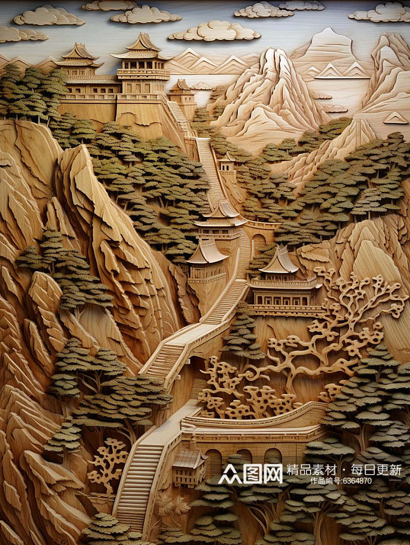 数字艺术木雕黄杨木雕刻山水古建筑素材