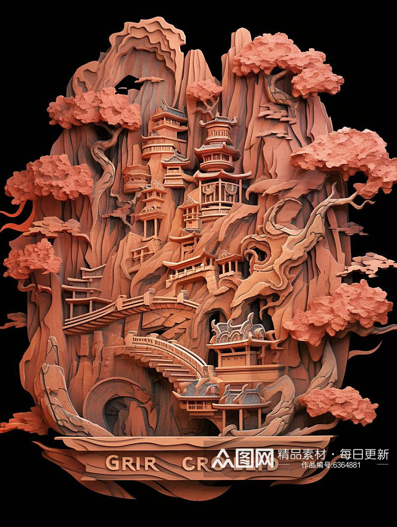 数字艺术木雕黄杨木雕刻山水古建筑素材