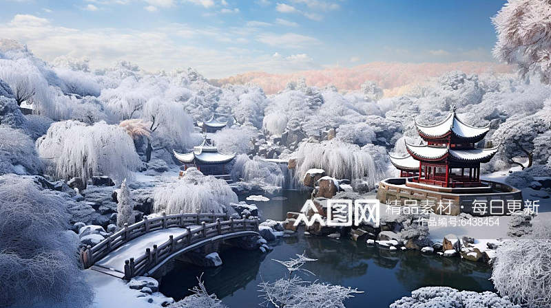 数字艺术雪景写意园林雪景插画雾凇雪景素材