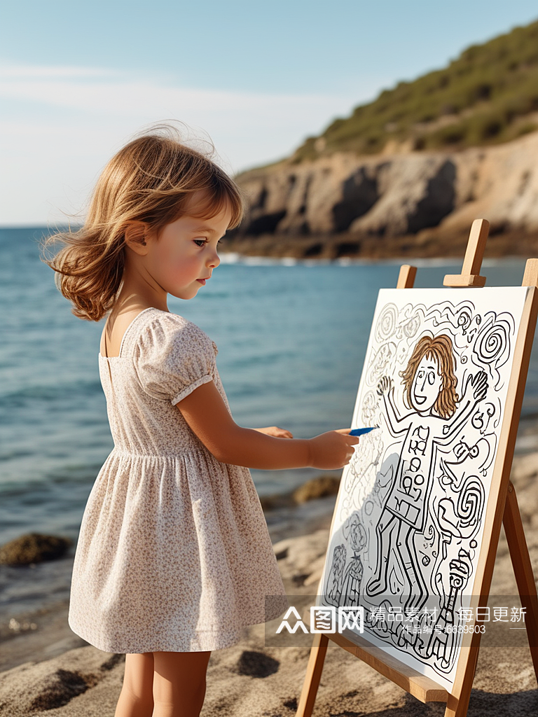 数字艺术插画版画海边女孩线条画扁平风装饰素材