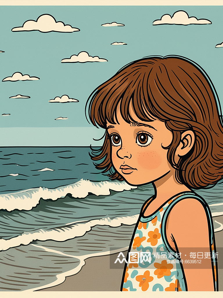 数字艺术插画版画海边女孩线条画扁平风装饰素材