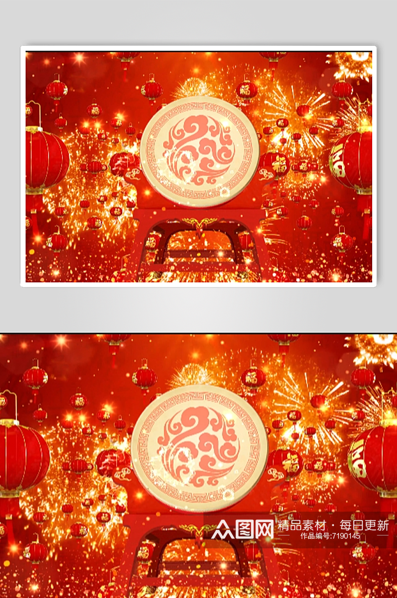 4K新年主题张灯结彩舞台灯笼礼花节日背景素材