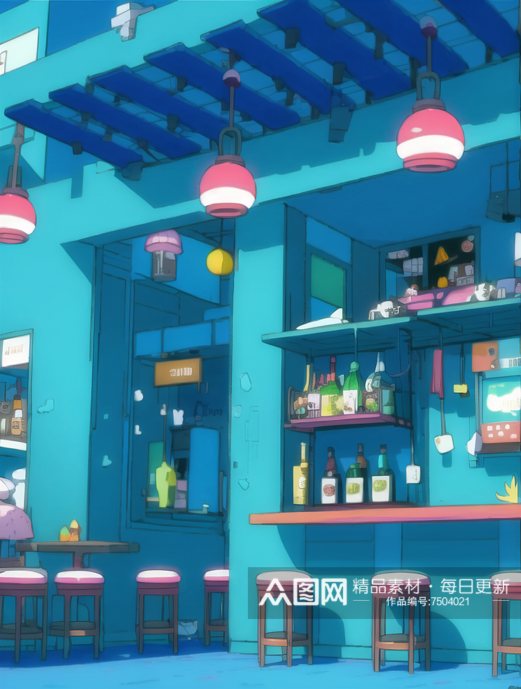 数字艺术蓝色场景咖啡馆酒吧插画素材