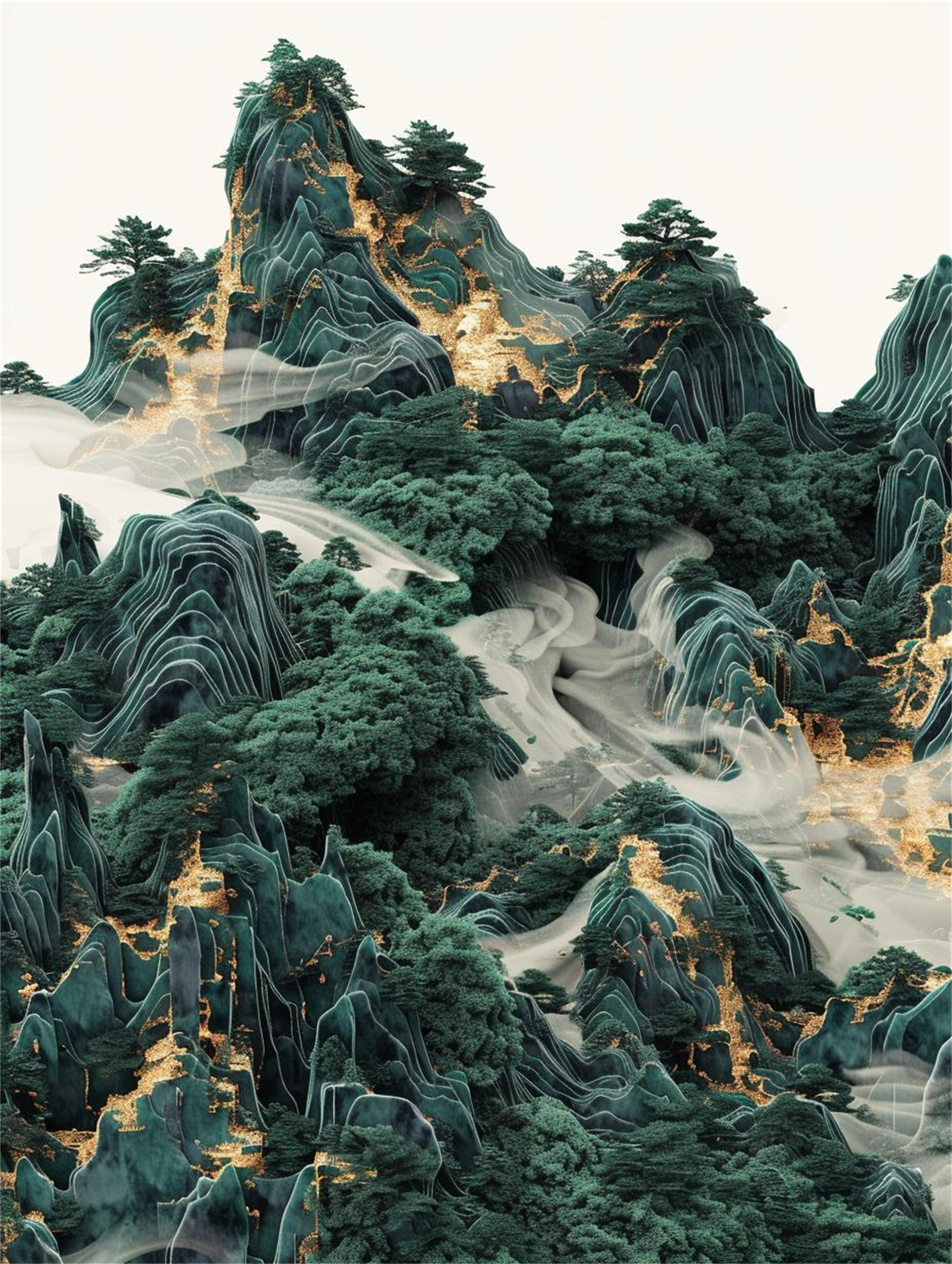 数字艺术创意插画玉石雕刻山水雕刻山水插画素材