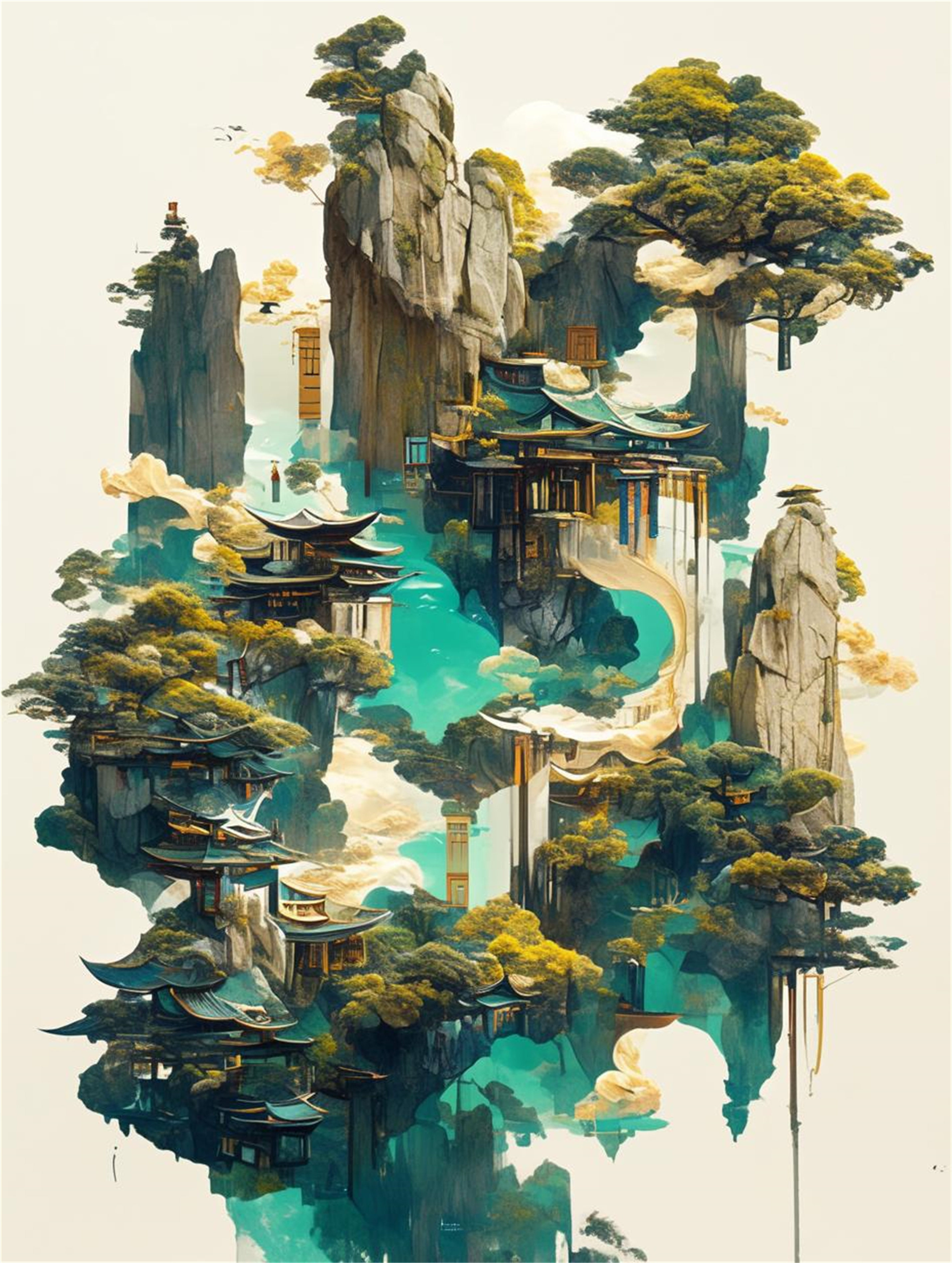 数字艺术创意插画玉石雕刻山水屏风素材