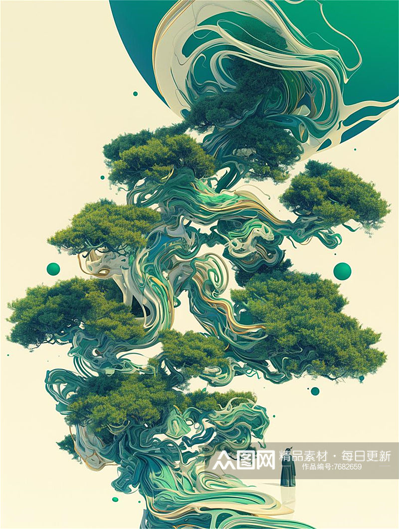 数字艺术创意插画玉石雕刻山水翡翠松树素材