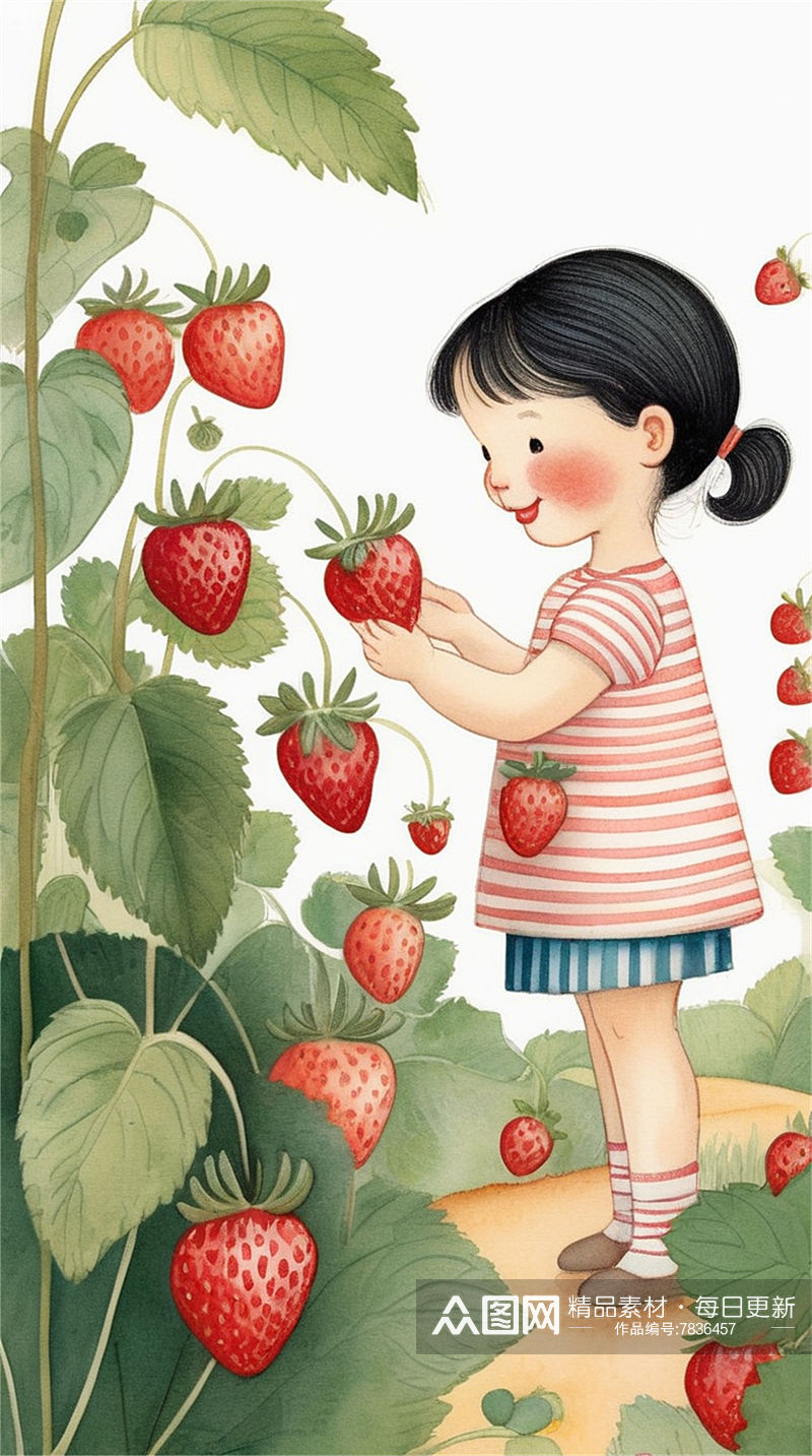 数字艺术摘草莓插画创意插画素材