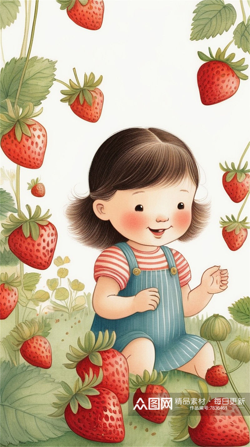 数字艺术摘草莓插画创意插画素材