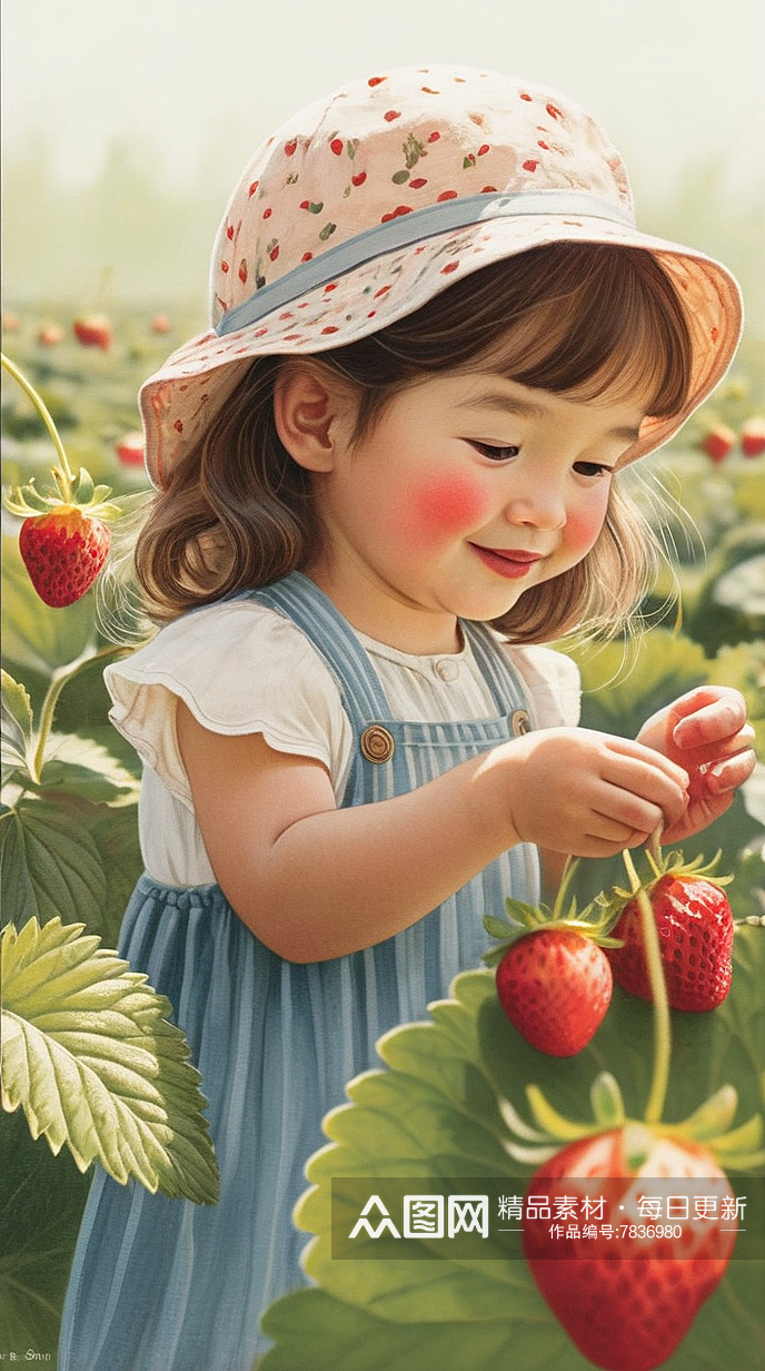 数字艺术写实插画儿童摄影儿童插画摘草莓素材