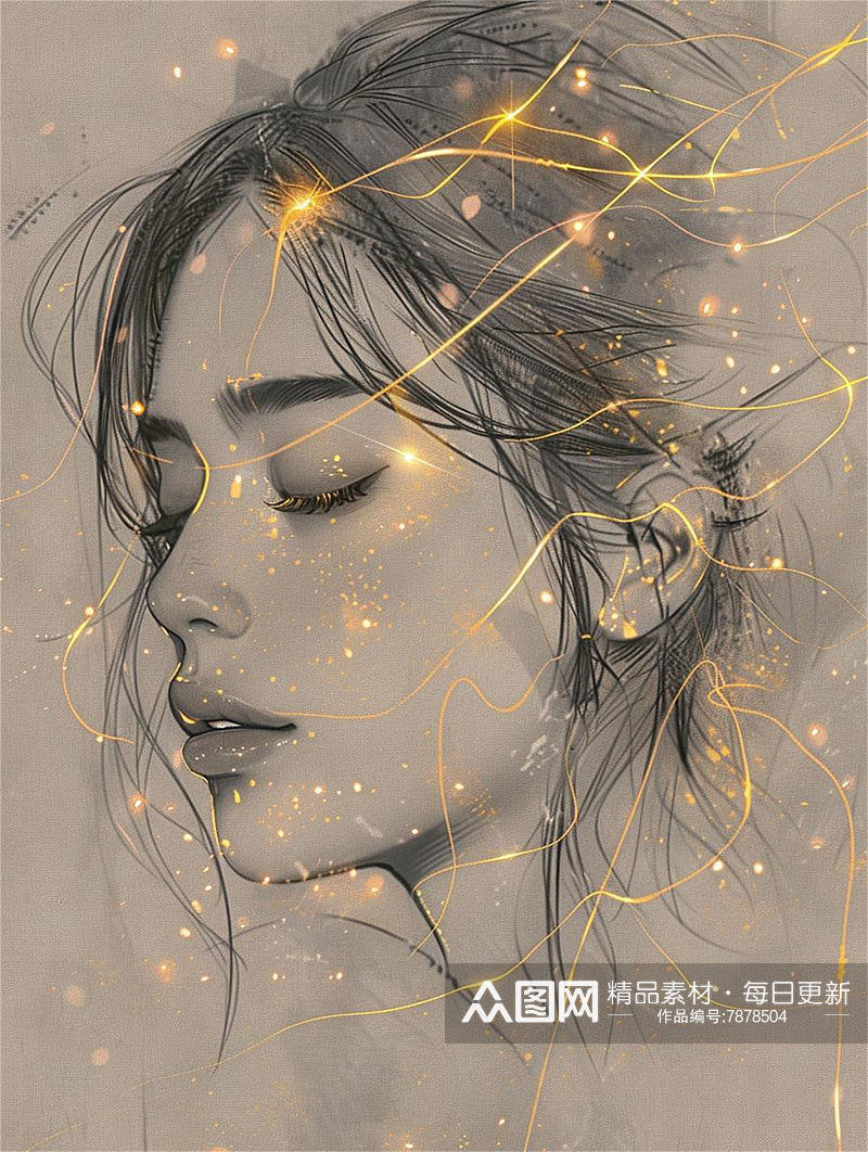 数字艺术创意插画素描画人物线条画铅笔画素材