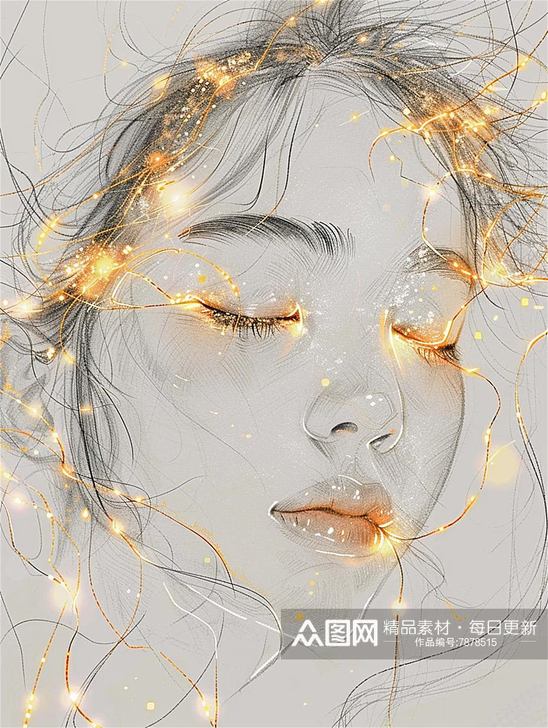 数字艺术创意插画素描画人物线条画铅笔画素材