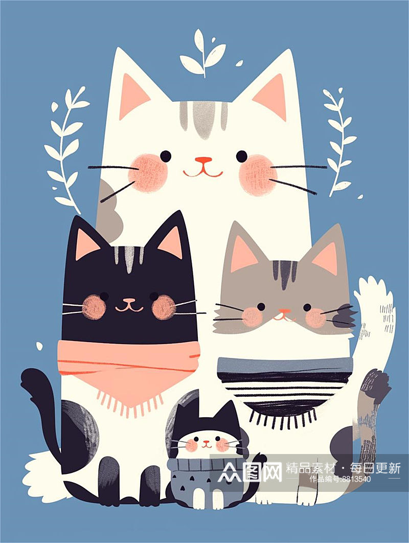 数字艺术猫咪装饰画扁平手绘风卡通猫素材素材