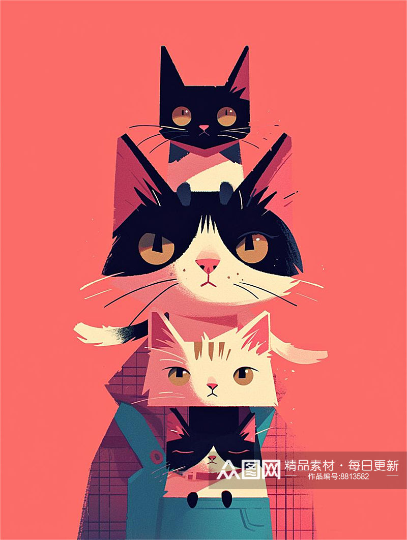 数字艺术猫咪装饰画扁平手绘风卡通猫素材素材