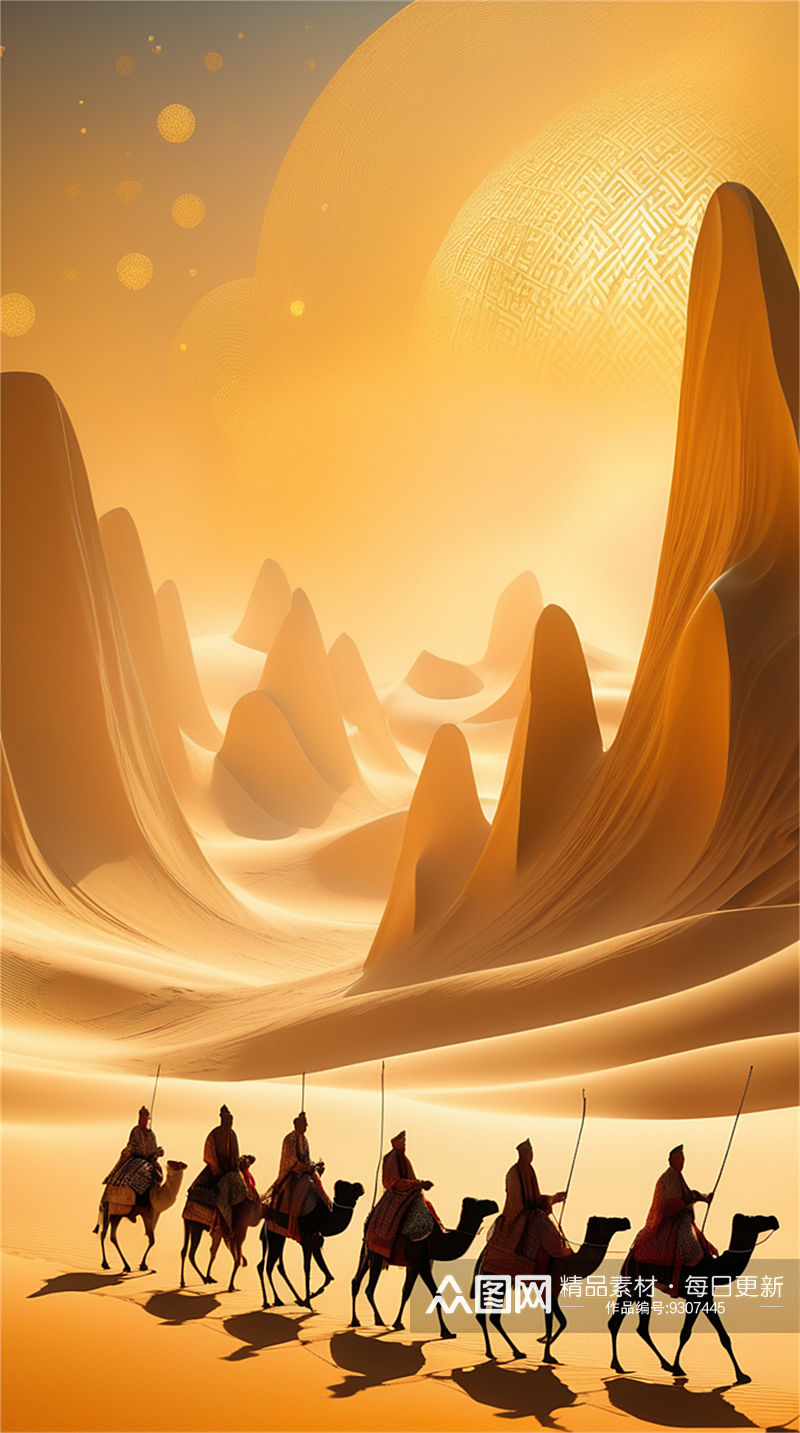 数字艺术丝绸之路插画沙漠场景素材