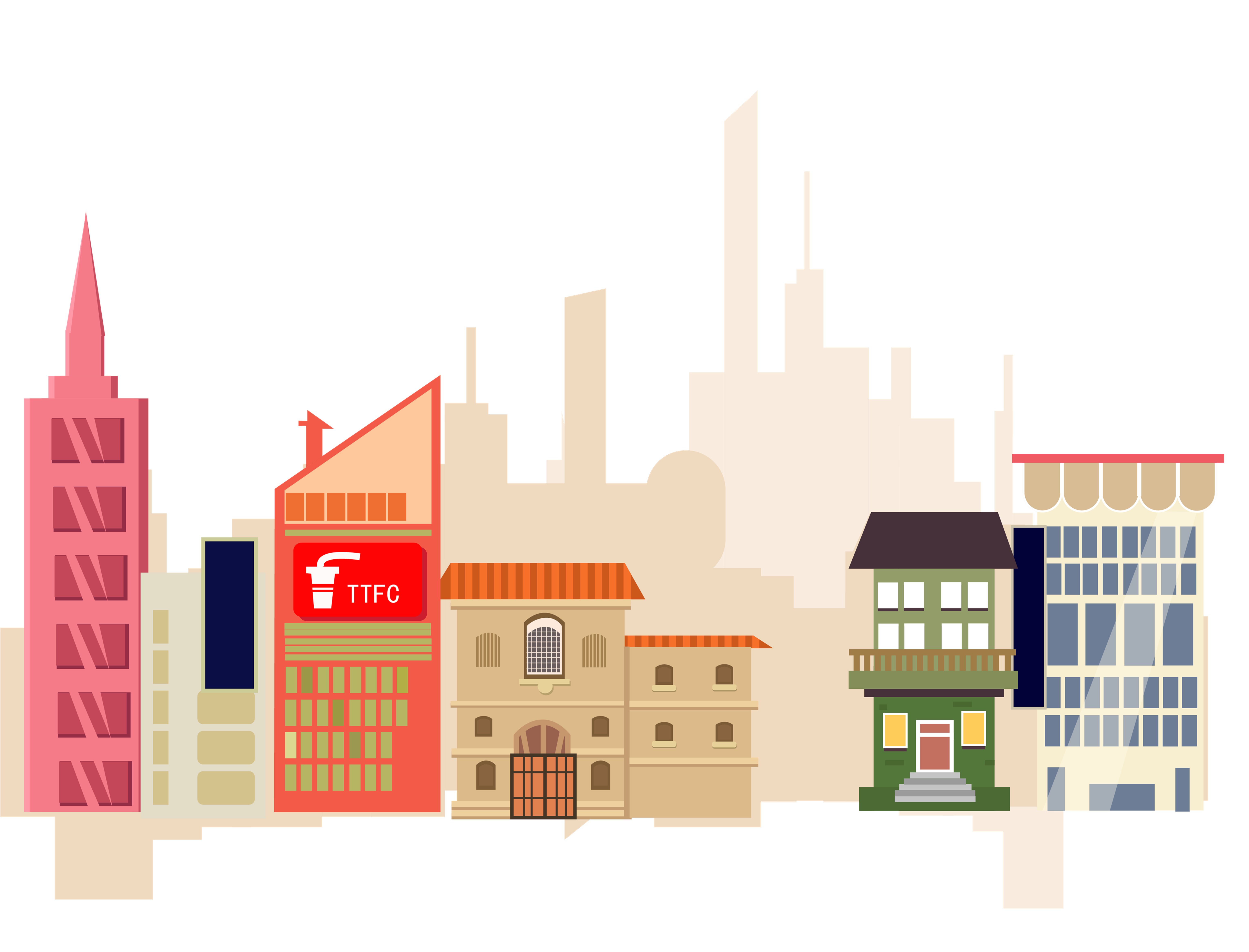 卡通手绘扁平化城市高楼素材建筑素材素材