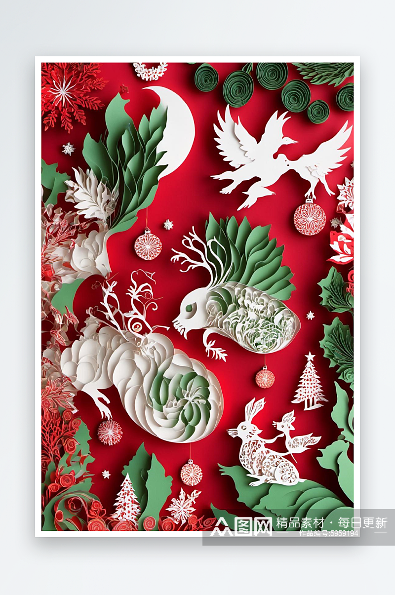 数字艺术圣诞剪纸纸雕麋鹿兔子圣诞树素材