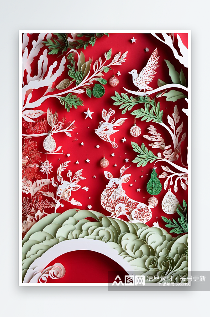 数字艺术圣诞剪纸纸雕麋鹿兔子圣诞树素材