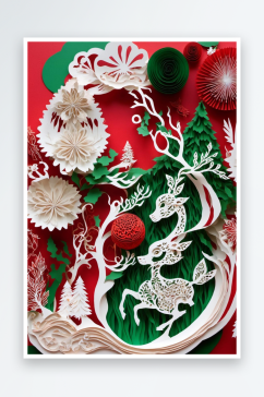 数字艺术圣诞剪纸纸雕麋鹿兔子圣诞树