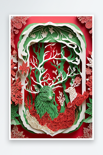 数字艺术圣诞剪纸纸雕麋鹿兔子圣诞树