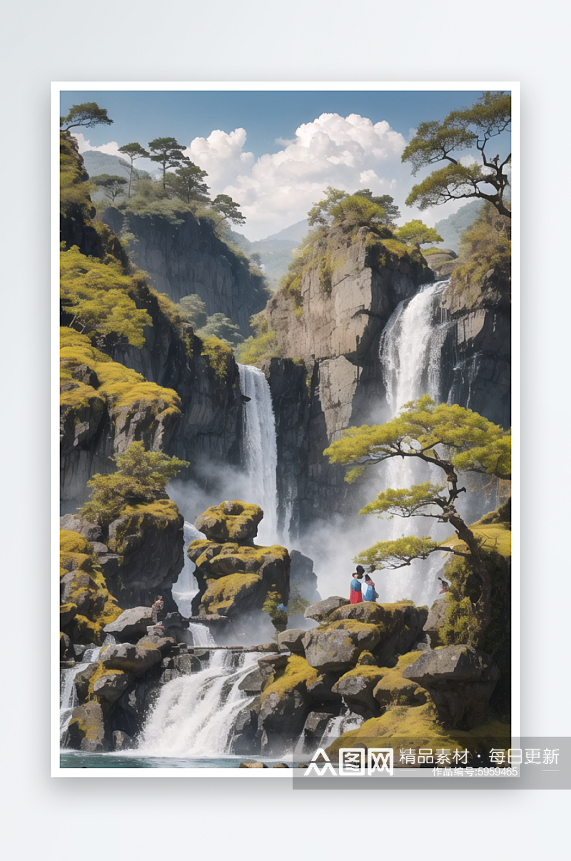 数字艺术山水画瀑布装饰画国画山水画素材