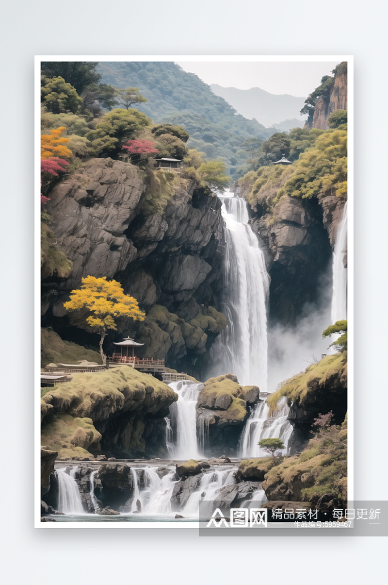 数字艺术山水画瀑布装饰画国画山水画素材