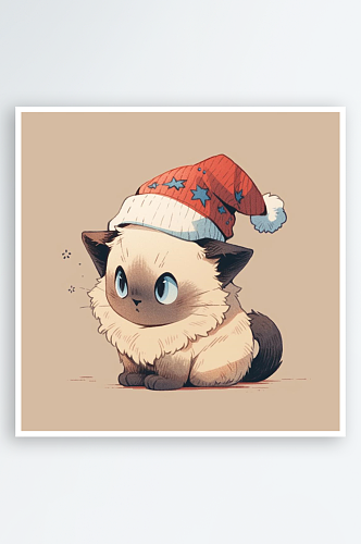 数字艺术手绘插画头像圣诞节戴圣诞帽的猫