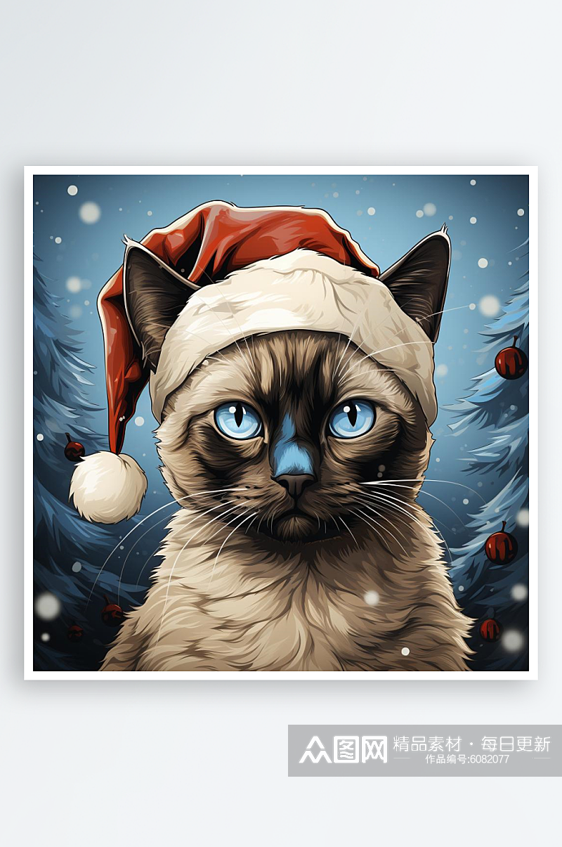 数字艺术手绘插画头像圣诞节戴圣诞帽的猫素材