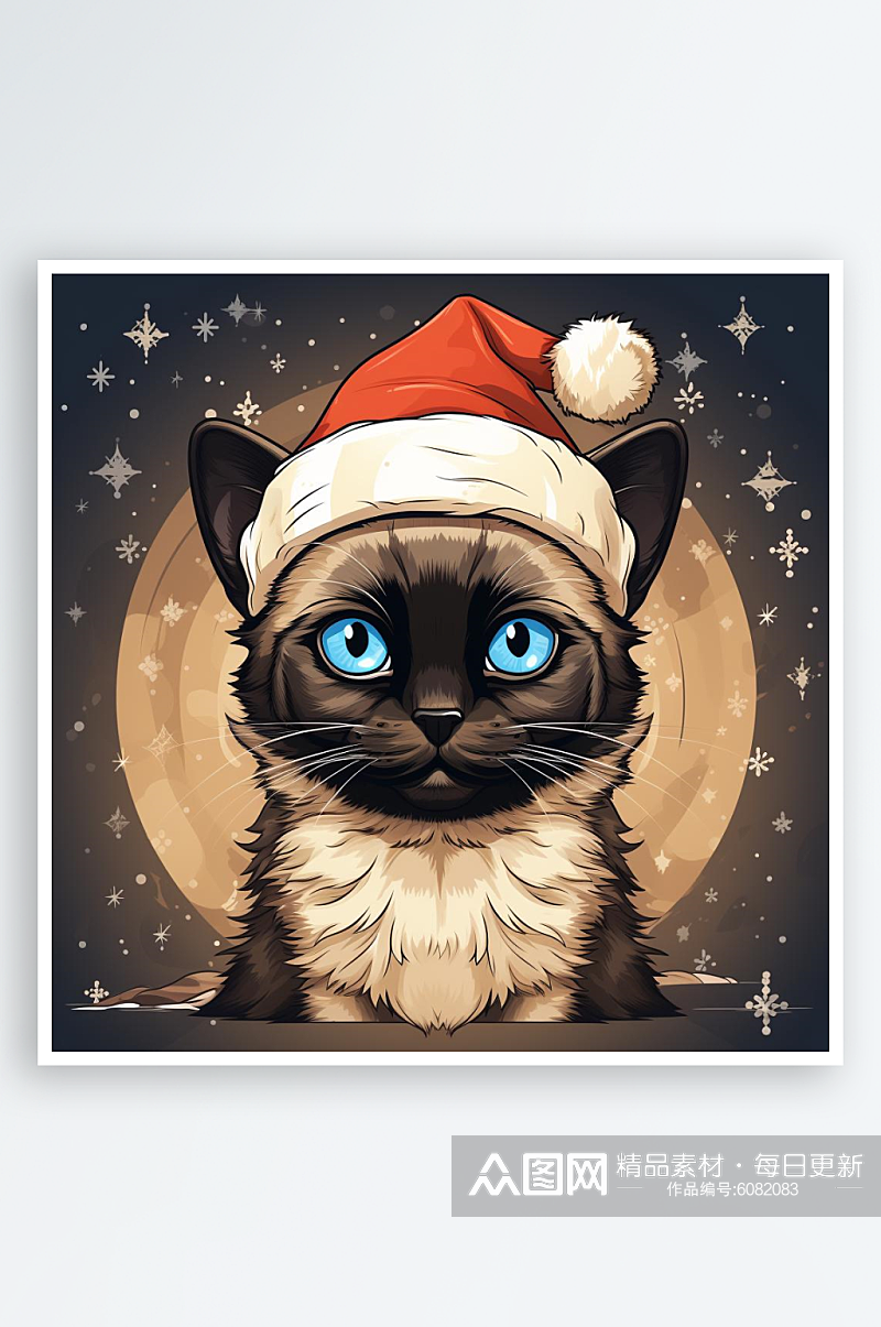 数字艺术手绘插画头像圣诞节戴圣诞帽的猫素材