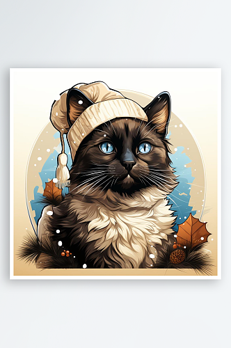 数字艺术手绘插画头像圣诞节戴圣诞帽的猫