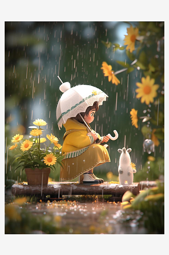 数字艺术卡通插画女孩丛林女孩雨中散步