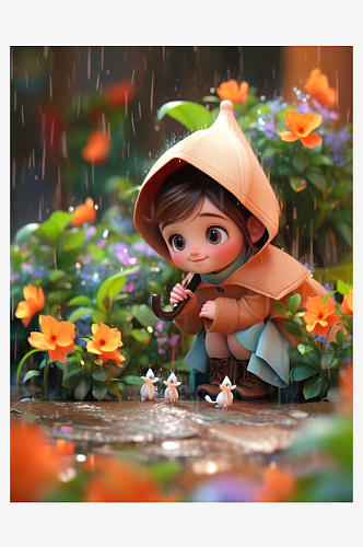 数字艺术卡通插画女孩丛林女孩雨中散步