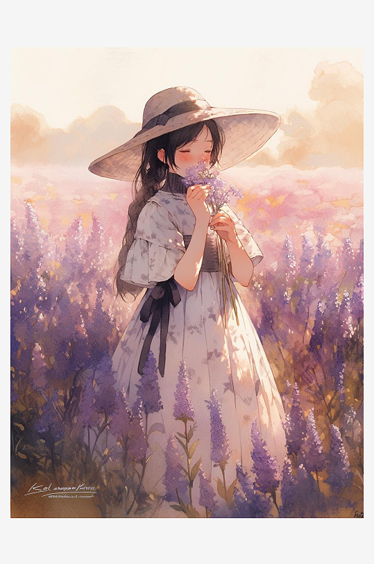 数字艺术人物插画装饰画薰衣草女孩手绘画