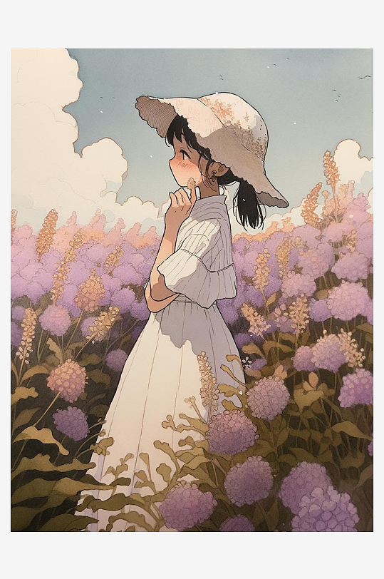 数字艺术人物插画装饰画薰衣草女孩手绘画