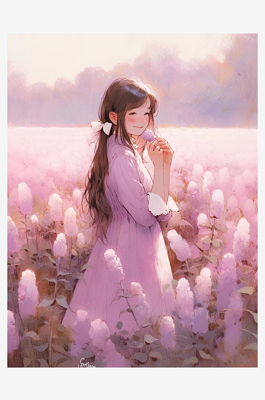 数字艺术人物插画装饰画薰衣草女孩手绘画