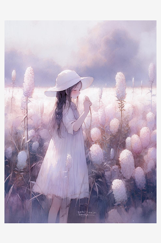 数字艺术人物插画装饰画薰衣草女孩手绘画