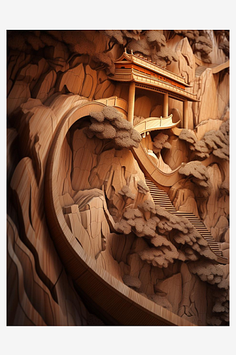 数字艺术木雕黄杨木雕刻山水古建筑