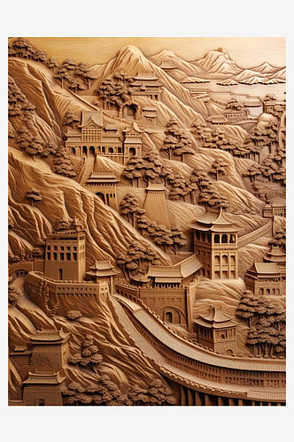 数字艺术木雕黄杨木雕刻山水古建筑