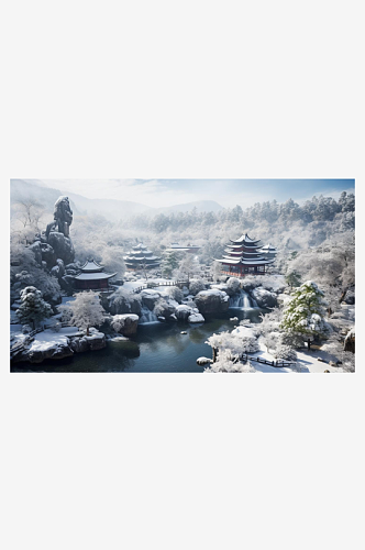 数字艺术雪景写意园林雪景插画雾凇雪景