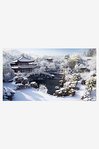 数字艺术雪景写意园林雪景插画雾凇雪景