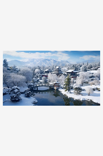 数字艺术雪景写意园林雪景插画雾凇雪景