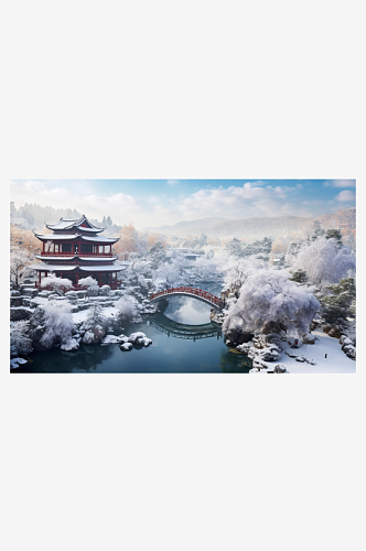 数字艺术雪景写意园林雪景插画雾凇雪景