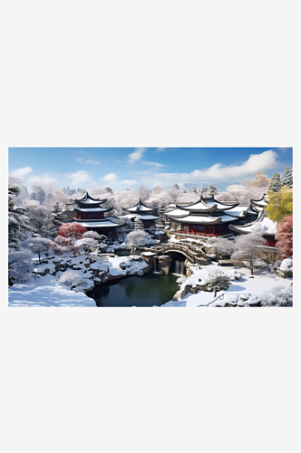 数字艺术雪景写意园林雪景插画雾凇雪景