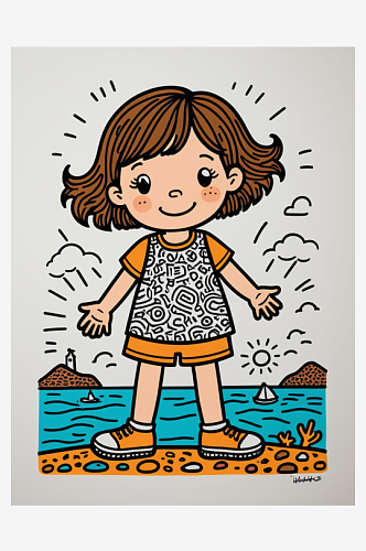 数字艺术插画版画海边女孩线条画扁平风装饰
