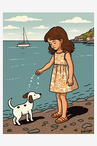 数字艺术插画版画海边女孩线条画扁平风装饰