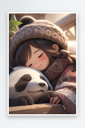 数字艺术插画手绘插画抱着熊猫的女孩