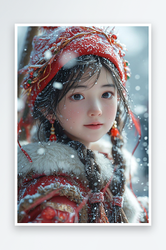 数字艺术儿童摄影人像绘画儿童绘画雪中女孩