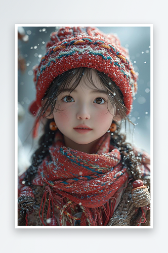 数字艺术儿童摄影人像绘画儿童绘画雪中女孩