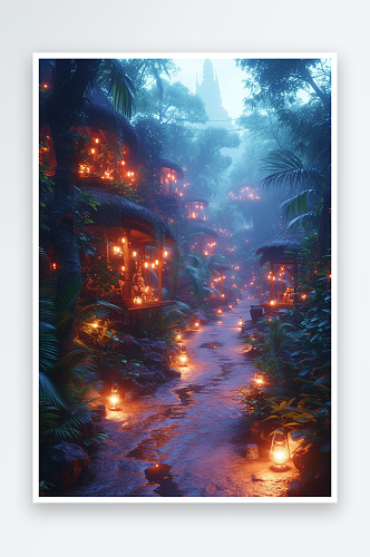 数字艺术超现实艺术雨林场景插画绘画