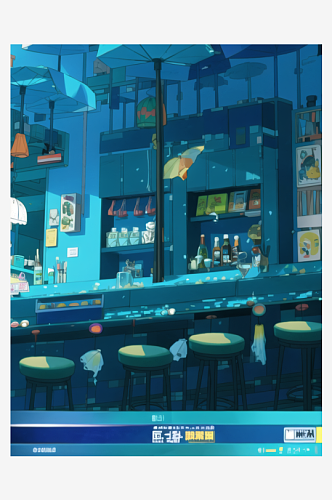 数字艺术蓝色场景咖啡馆酒吧场景